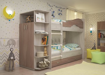 Детская двухэтажная кровать Мая на щитах со шкафом и ящиками, корпус Шимо светлый, фасад Шимо темный в Новороссийске