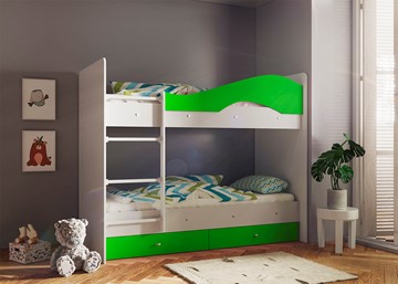 Детская двухэтажная кровать Мая с 2 ящиками на щитах, корпус Млечный дуб, фасад Салатовый в Краснодаре