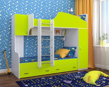 Детская кровать-шкаф Юниор-2, каркас Белое дерево, фасад Лайм в Краснодаре