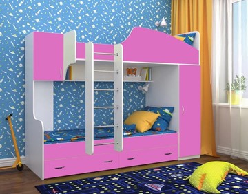 Детская кровать-шкаф Юниор-2, каркас Белое дерево, фасад Розовый в Сочи
