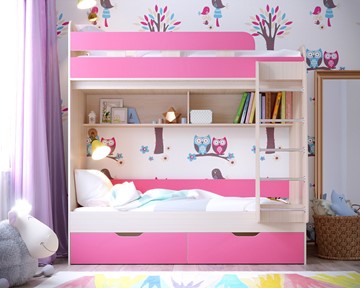 Детская 2-ярусная кровать Юниор-5, каркас Дуб, фасад Розовый в Сочи