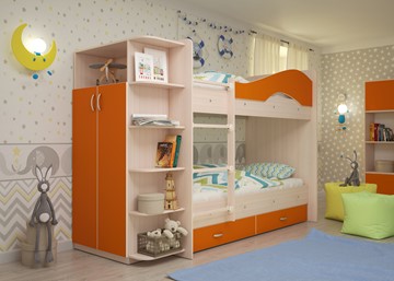 Кровать двухъярусная Мая на щитах со шкафом и ящиками, корпус Млечный дуб, фасад Оранжевый в Краснодаре