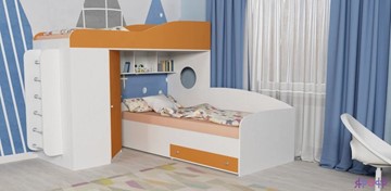 Кровать-чердак в детскую Кадет-2 с металлической лестницей, корпус Белое дерево, фасад Оранжевый в Сочи