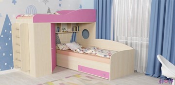 Детская кровать-шкаф Кадет-2 с металлической лестницей, корпус Дуб, фасад Розовый в Армавире