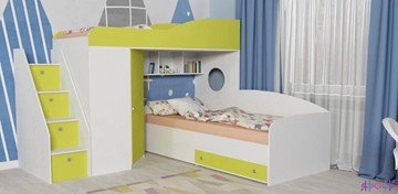 Детская кровать-шкаф Кадет-2 с универсальной лестницей, корпус Белое дерево, фасад Лайм в Краснодаре