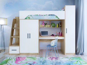Кровать-чердак в детскую с шкафом Тея, каркас Ясень, фасад Белый в Сочи