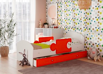 Кровать детская с бортиками и ящиком Мозайка, корпус Белый/фасад Оранжевый (ламели) в Сочи