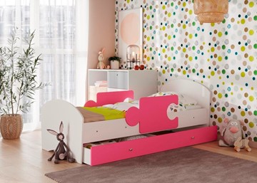 Детская кровать с бортиками и ящиком Мозайка, корпус Белый/фасад Розовый (щиты) в Сочи