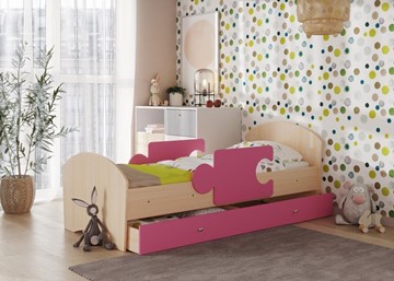 Детская кровать с бортиками и ящиком Мозайка, корпус Млечный дуб/фасад Розовый (ламели) в Сочи