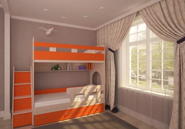 Кровать 2-ярусная Ярофф Юниор-1 с бортом, каркас Дуб, фасад Оранжевый в Краснодаре