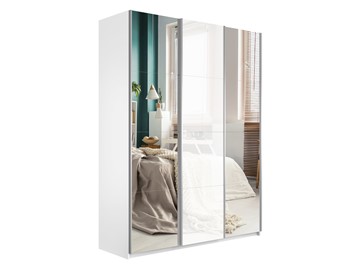 Шкаф 3-дверный Широкий Прайм (2 Зеркала / Стекло белое) 2400x570x2300, Белый Снег в Армавире