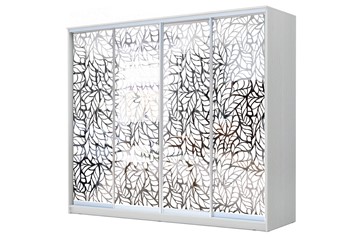 Шкаф-купе 4-х створчатый 22-24/2-6666, Пескоструйный рисунок "Лист", Белый в Армавире