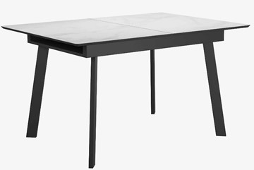 Стеклянный кухонный стол раздвижной DikLine SFA125 Стекло Белый мрамор САТИН/подстолье черное/опоры черные в Краснодаре