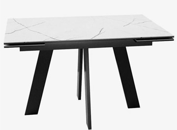 Стеклянный кухонный стол раздвижной DikLine SFM120 Стекло Белый мрамор САТИН/подстолье черное/опоры черные в Краснодаре