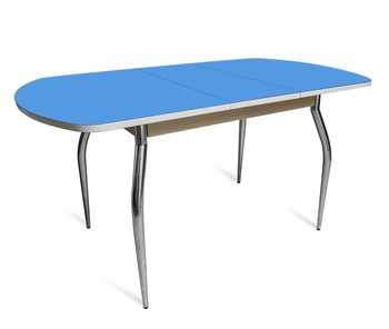 Стеклянный обеденный стол ПГ-01 СТ2, дуб молочный/синие стекло/35 хром гнутые металл в Сочи