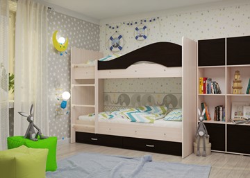 Детская  двухъярусная кровать Мая с 2 ящиками на щитах, корпус Млечный дуб, фасад Венге в Краснодаре - предосмотр 1
