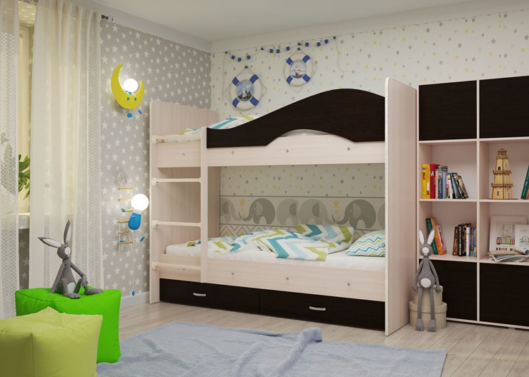 Детская  двухъярусная кровать Мая с 2 ящиками на щитах, корпус Млечный дуб, фасад Венге в Сочи - изображение 1