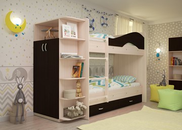 Детская  двухъярусная кровать Мая с 2 ящиками на щитах, корпус Млечный дуб, фасад Венге в Сочи - предосмотр 2