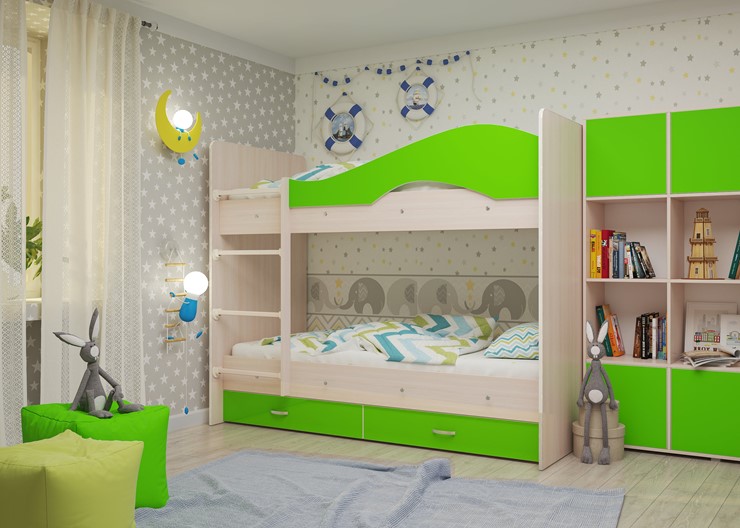 Двухэтажная детская кровать Мая на щитах, корпус Млечный дуб, фасад Салатовый в Сочи - изображение 2