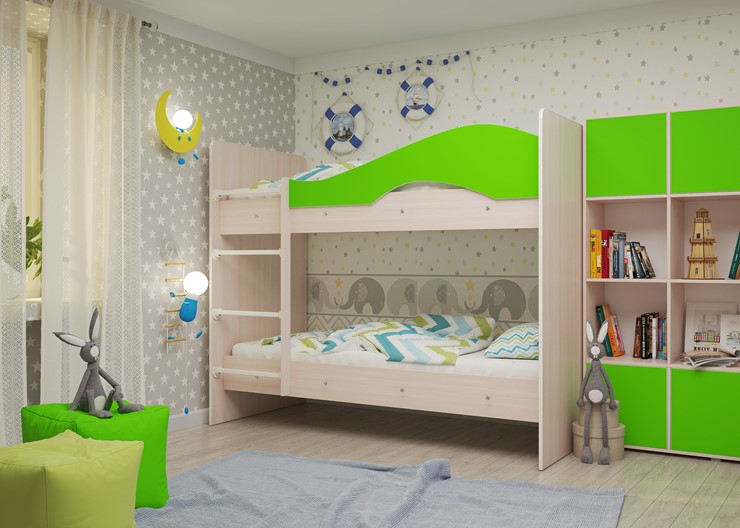 Двухэтажная детская кровать Мая на щитах, корпус Млечный дуб, фасад Салатовый в Новороссийске - изображение 1