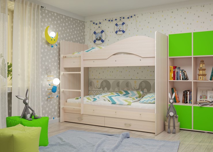 Детская 2-этажная кровать Мая с 2 ящиками на щитах, цвет Млечный дуб в Краснодаре - изображение 1