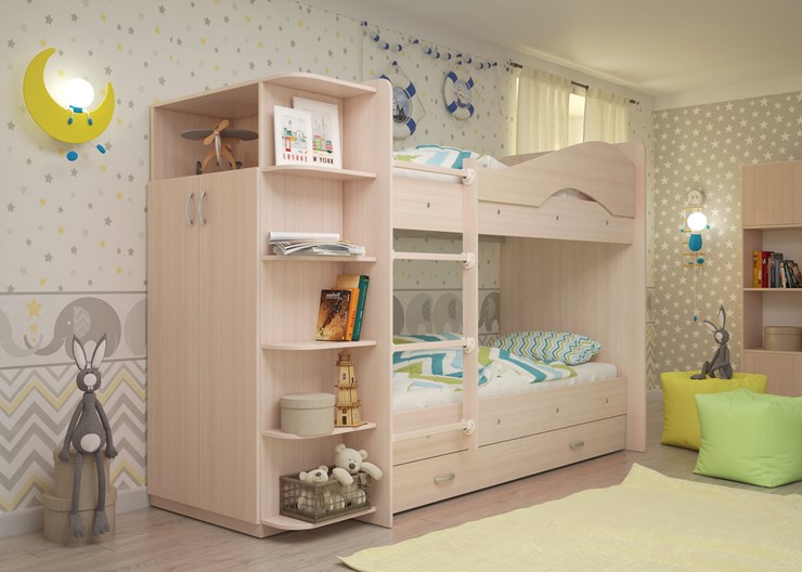Детская 2-этажная кровать Мая с 2 ящиками на щитах, цвет Млечный дуб в Краснодаре - изображение 2
