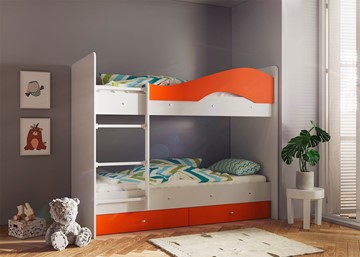 Детская двухъярусная кровать Мая с 2 ящиками на щитах, корпус Млечный дуб, фасад Оранжевый в Новороссийске - предосмотр