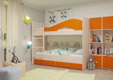 Детская двухъярусная кровать Мая с 2 ящиками на щитах, корпус Млечный дуб, фасад Оранжевый в Новороссийске - предосмотр 3