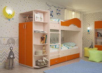 Детская двухъярусная кровать Мая с 2 ящиками на щитах, корпус Млечный дуб, фасад Оранжевый в Армавире - предосмотр 1