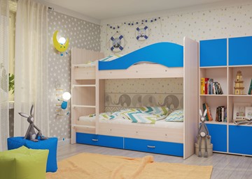 Двухэтажная детская кровать Мая с 2 ящиками на щитах, корпус Млечный дуб, фасад Синий в Сочи - предосмотр 3