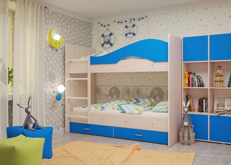 Двухэтажная детская кровать Мая с 2 ящиками на щитах, корпус Млечный дуб, фасад Синий в Сочи - изображение 3