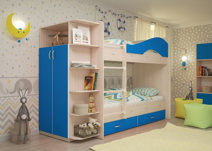 Двухэтажная детская кровать Мая с 2 ящиками на щитах, корпус Млечный дуб, фасад Синий в Новороссийске - изображение 1