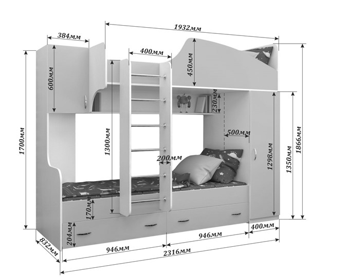 Двухъярусная кровать Юниор-2, каркас Белое дерево, фасад Лайм в Сочи - изображение 1