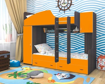Двухъярусная детская кровать Юниор-2, каркас Ясень анкор темный, фасад Оранжевый в Армавире
