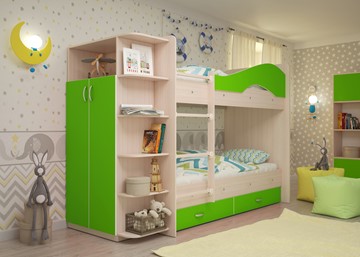 Детская 2-ярусная кровать Мая на щитах со шкафом и ящиками, корпус Млечный дуб, фасад Салатовый в Краснодаре
