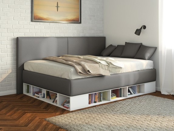Кровать подростковая Lancaster 1, 120х200, ЛДСП белая, экокожа серая в Краснодаре - изображение