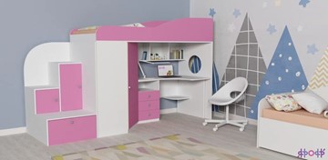 Детская кровать-чердак Кадет-1, корпус Белое дерево, фасад Розовый в Сочи