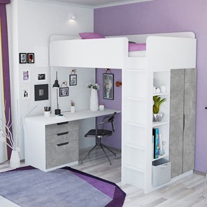 Детская кровать с письменным столом и шкафом POLINI Kids Simple Белый / Бетон в Краснодаре - предосмотр 1