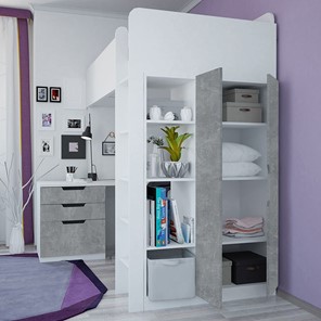 Детская кровать с письменным столом и шкафом POLINI Kids Simple Белый / Бетон в Краснодаре - предосмотр 2