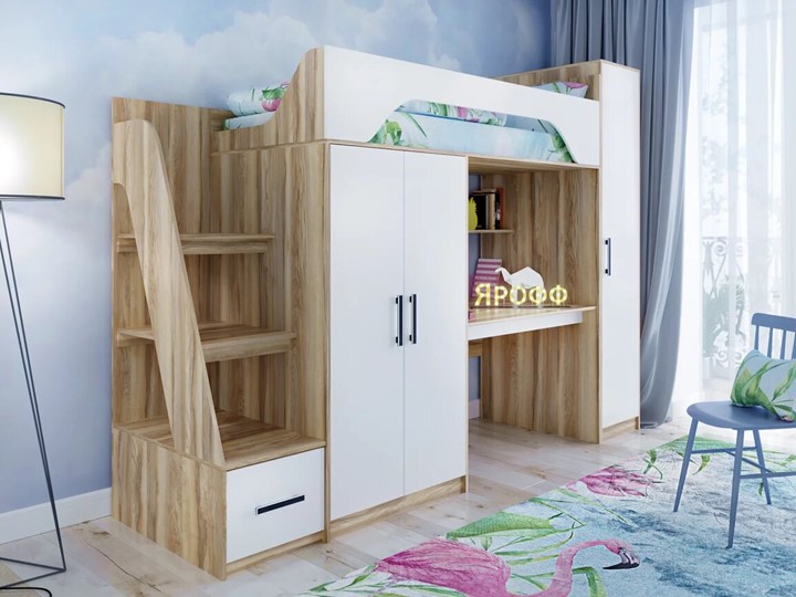 Кровать-чердак в детскую с шкафом Тея, каркас Ясень, фасад Белый в Сочи - изображение 1