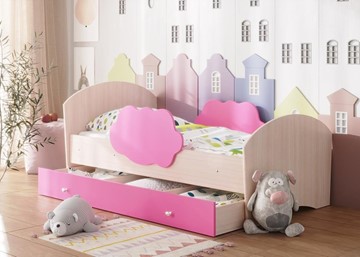 Детская кровать с бортиками Тучка с ящиком, корпус Дуб млечный, фасад Розовый в Сочи