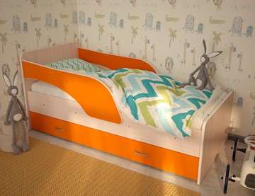 Детская кровать с ящиками Максимка, корпус Млечный дуб, фасад Оранжевый в Краснодаре - предосмотр