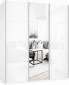Шкаф-купе Прайм (Белое стекло/Зеркало/Белое стекло) 1800x570x2300, белый снег в Сочи