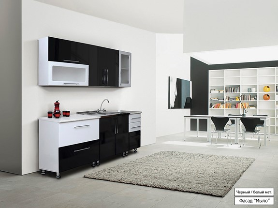 Гарнитур кухонный Мыло 224 2000х718, цвет Черный/Белый металлик в Краснодаре - изображение