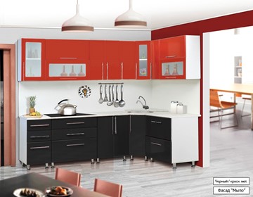 Угловая кухня Мыло 224 2600х1600, цвет Черный/Красный металлик в Краснодаре