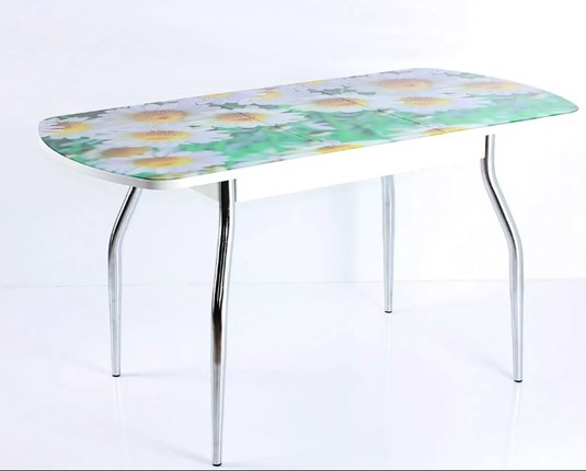 Кухонный стол раскладной ПГ-07 СТФ, белое ЛДСП/ромашки/35 хром гнутые в Сочи - изображение