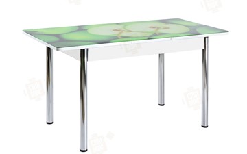 Кухонный раскладной стол Айсберг-01 СТФ, белый/фотопечать зеленые яблоки/ноги хром круглые в Новороссийске