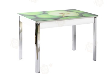 Кухонный стол раздвижной Айсберг-01 СТФ, белый/фотопечать зеленые яблоки/ноги хром квадратные в Сочи