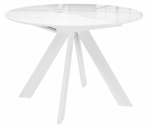 Стол обеденный раздвижной DikLine SFC110 d1100 стекло Оптивайт Белый мрамор/подстолье белое/опоры белые в Краснодаре - изображение