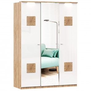 3-створчатый шкаф Фиджи с зеркалом и декоративными накладками, Дуб золотой/Белый в Новороссийске